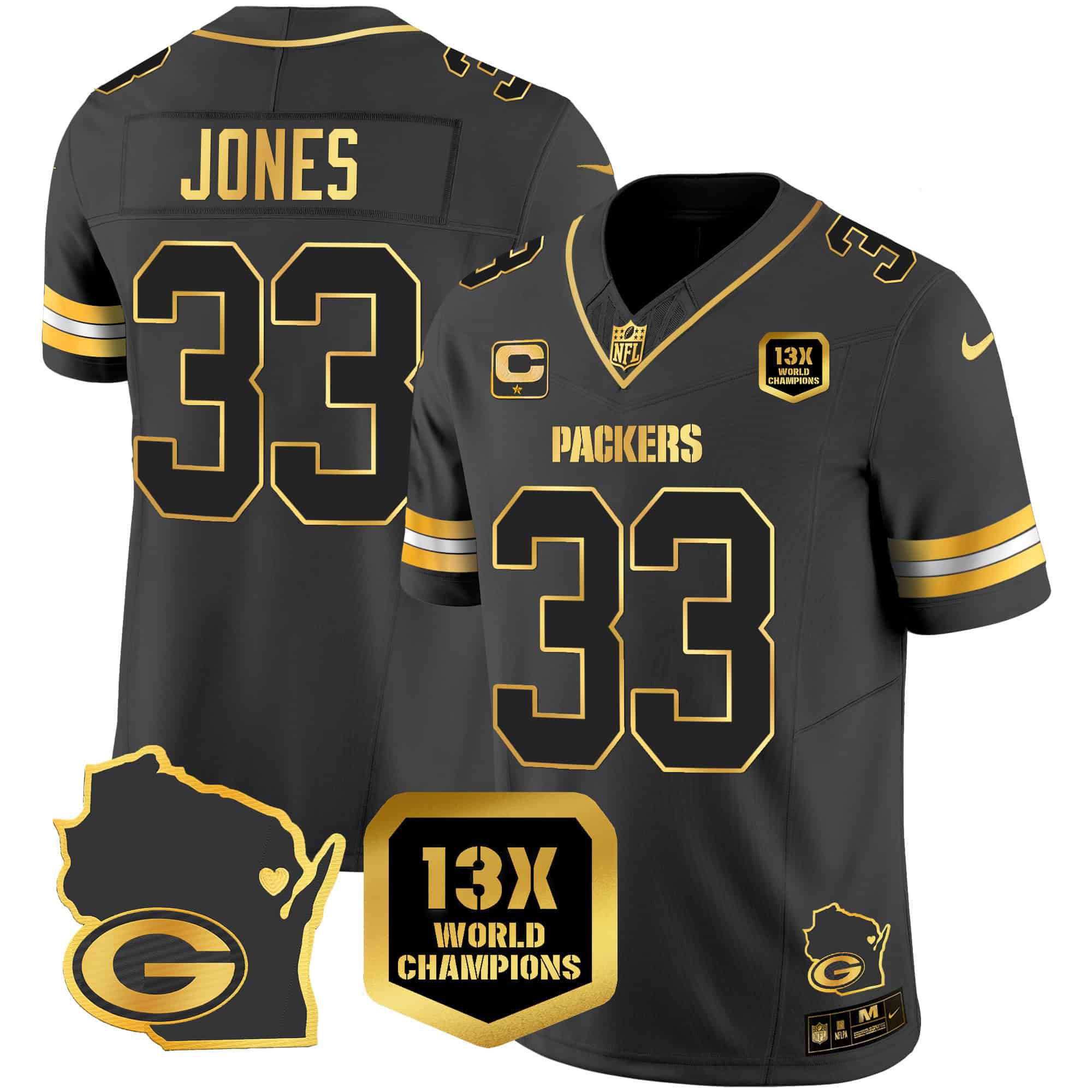 Men Green Bay Packers #33 Jones Black Gold 2024 Nike World Champions Home Patch Vapor NFL Jersey style 2